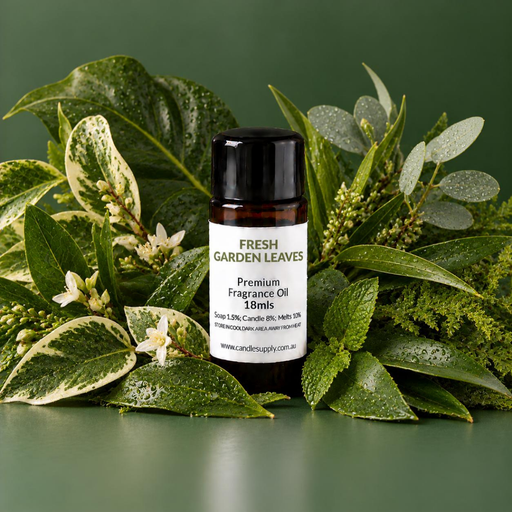 Fresh Garden Leaves fragrance oil bottle with mixed green foliage, variegated leaves, moss and small white flowers.