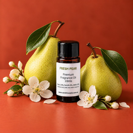 Fresh Pear fragrance oil bottle with two whole green pears with leaves and white blossoms.