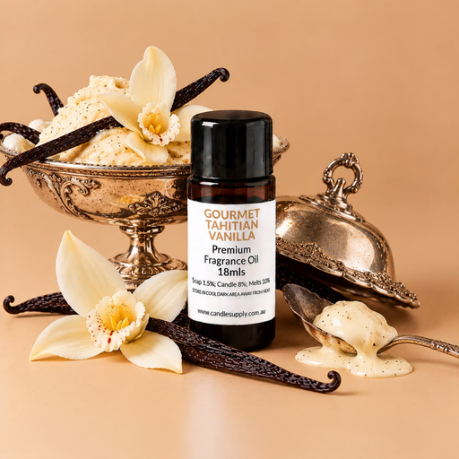 Gourmet Tahitian Vanilla fragrance oil bottle with vanilla ice cream in an ornate silver dish, vanilla pods and flowers.