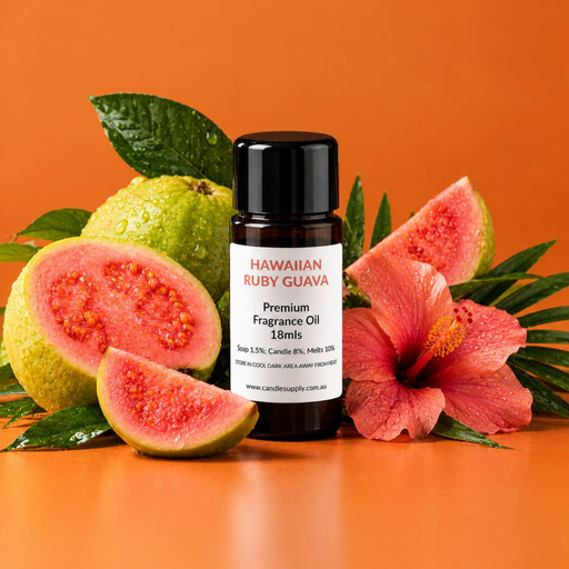 Hawaiian Ruby Guava fragrance oil bottle with whole and sliced pink guavas, green leaves and a pink hibiscus flower.