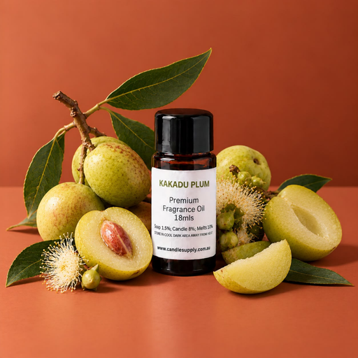 Kakadu Plum fragrance oil bottle with whole and halved green plums, leafy branches and cream-coloured blossoms.