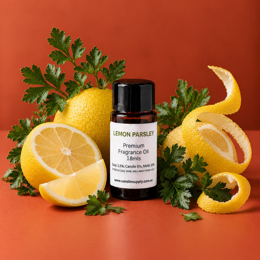 Lemon Parsley fragrance oil bottle with whole and sliced lemons, curled lemon peel and fresh parsley.
