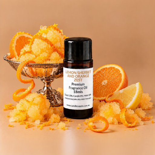 Lemon Sherbet and Orange Zest fragrance oil bottle with yellow-orange sherbet in a silver dish, citrus slices and curled peel.