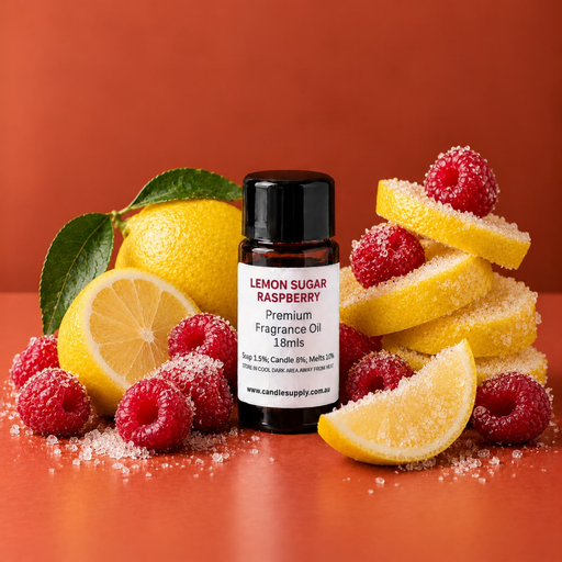 Lemon Sugar Raspberry fragrance oil bottle with sugar-coated raspberries, lemon slices and scattered sugar crystals.