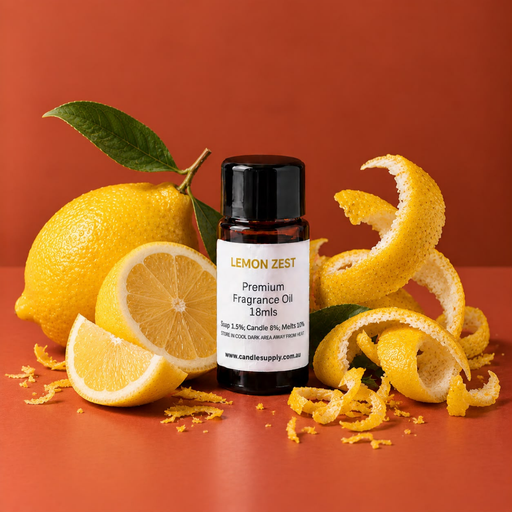 Lemon Zest fragrance oil bottle with a whole lemon, lemon slices, curled peel and grated zest.