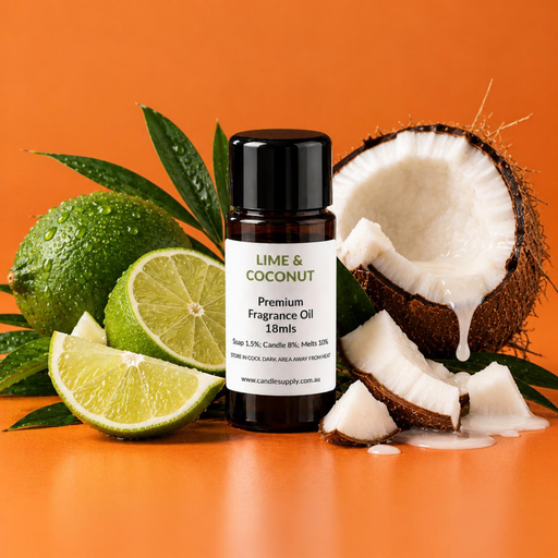 Lime & Coconut fragrance oil bottle with whole and sliced limes, a coconut half, coconut pieces and green leaves.