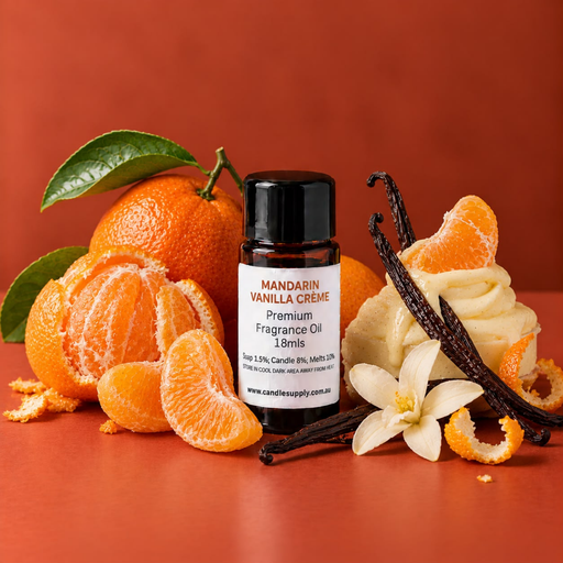 Mandarin Vanilla Creme fragrance oil bottle with whole and peeled mandarins, a frosted cupcake, vanilla pods and a flower.