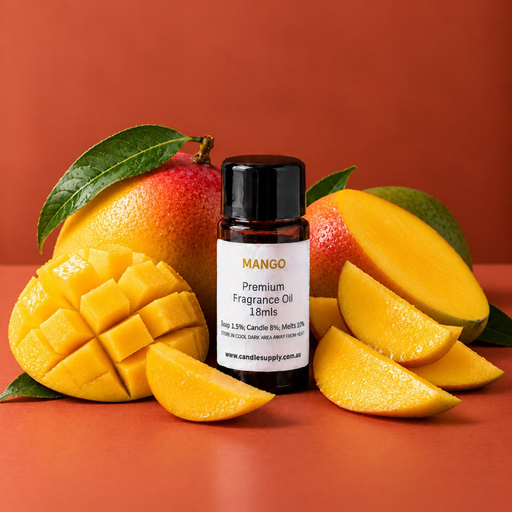Mango fragrance oil bottle with whole mangoes, mango wedges and a scored mango half.