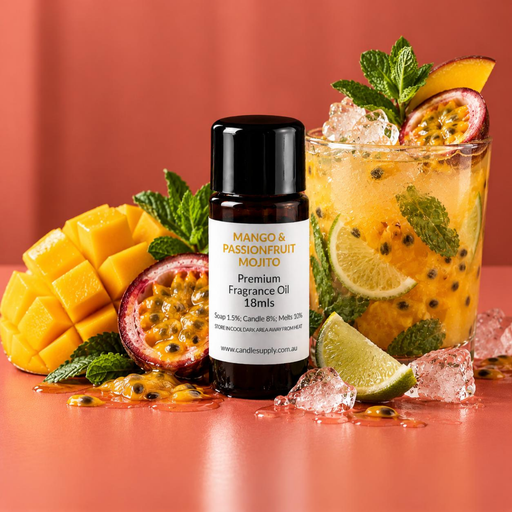 Mango & Passionfruit Mojito fragrance oil bottle with an iced tropical drink, mango, passionfruit halves, lime and mint.