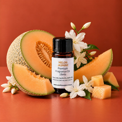Melon Jasmine fragrance oil bottle with orange-fleshed melon halves, wedges and cubes, and white jasmine flowers.