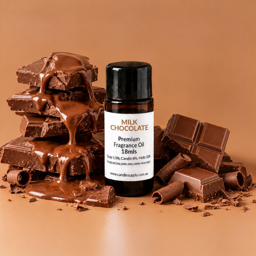 Milk Chocolate fragrance oil bottle with chocolate chunks, squares, curls and dripping melted chocolate.