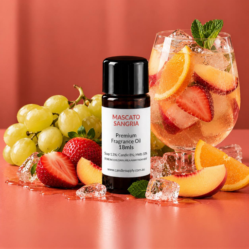 Moscato Sangria fragrance oil bottle with a pale pink iced fruit drink, green grapes, strawberries, peach slices and orange.