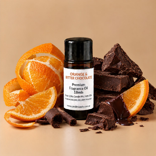 Orange & Bitter Chocolate fragrance oil bottle with orange wedges, curled orange peel and dark chocolate chunks and curls.