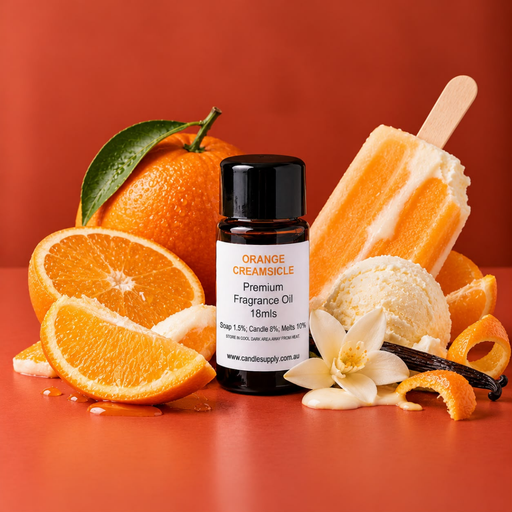 Orange Creamsicle fragrance oil bottle with orange slices, an orange-and-cream ice lolly, vanilla ice cream and vanilla pods.