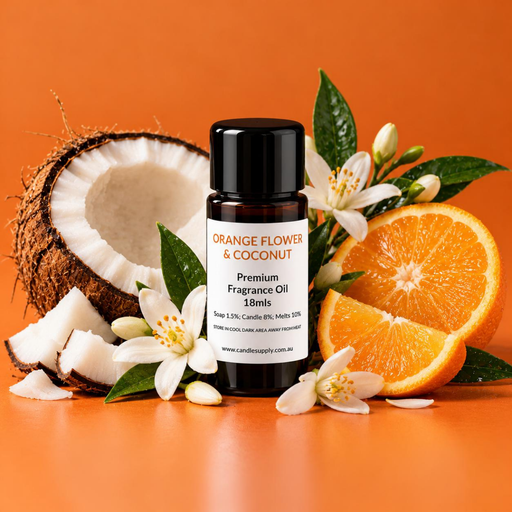 Orange Flower & Coconut fragrance oil bottle with a coconut half, coconut pieces, orange slices, white blossoms and green leaves.