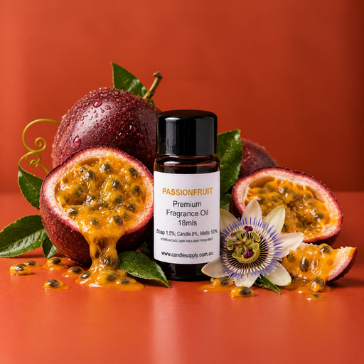 Passionfruit fragrance oil bottle with whole and halved purple passionfruit, golden pulp and a passionflower.