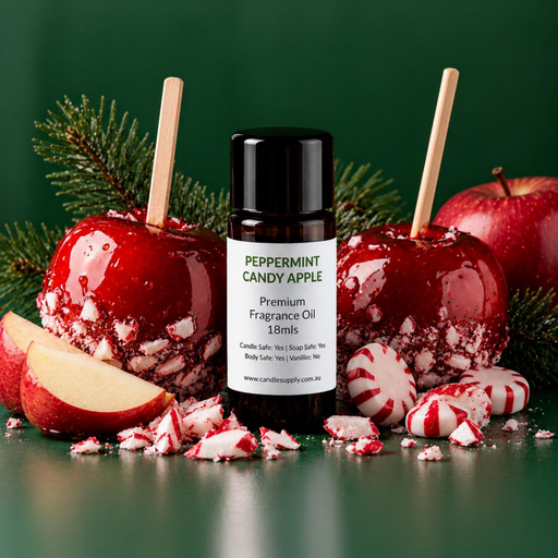 Peppermint Candy Apple fragrance oil bottle with red candy apples, apple slices, crushed peppermint sweets and evergreen sprigs.