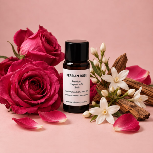 Persian Rose fragrance oil bottle with deep pink roses, scattered petals, small white flowers and pieces of wood.
