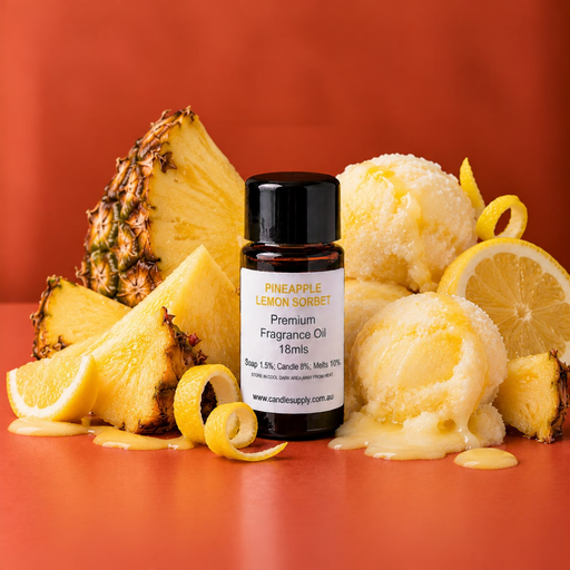Pineapple Lemon Sorbet fragrance oil bottle with pineapple wedges, pale yellow sorbet scoops, lemon slices and curled peel.