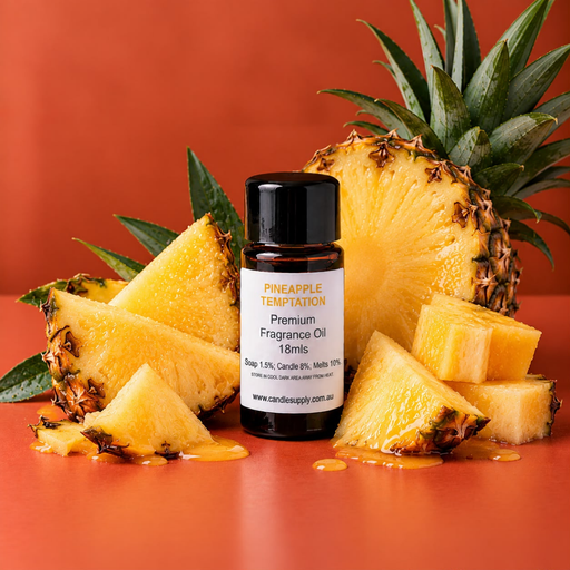 Pineapple Temptation fragrance oil bottle with a pineapple half, pineapple wedges and juicy pineapple chunks.