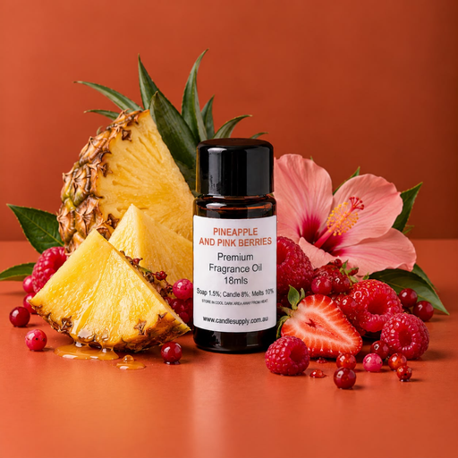 Pineapple and Pink Berries fragrance oil bottle with pineapple wedges, strawberries, raspberries, small red berries and a pink hibiscus.