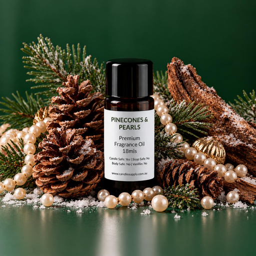 Pinecones & Pearls fragrance oil bottle with pine cones, pearl strands, evergreen branches, frosted wood and gold ornaments.
