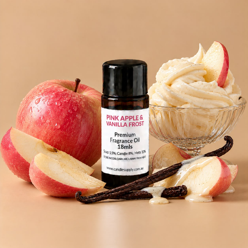 Pink Apple & Vanilla Frost fragrance oil bottle with a pink apple, apple slices, whipped cream in a glass dish and vanilla pods.