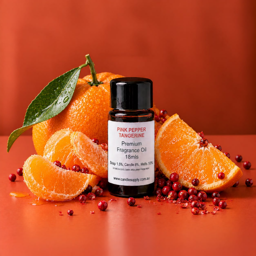Pink Pepper Tangerine fragrance oil bottle with whole and peeled tangerine, citrus wedges and scattered pink peppercorns.