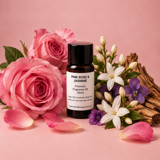 Pink Rose & Jasmine fragrance oil bottle with pink roses, white jasmine flowers, purple flowers, rose petals and pieces of wood.