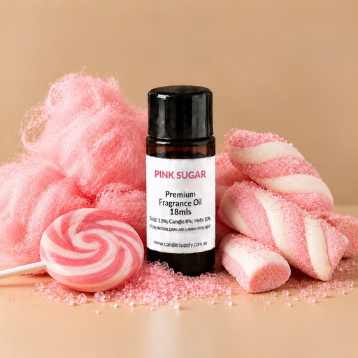 Pink Sugar fragrance oil bottle with pink fairy floss, a pink-and-white swirl lollipop, marshmallows and scattered pink sugar.