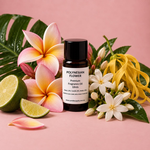 Polynesian Flower fragrance oil bottle with pink frangipani, white and yellow flowers, tropical leaves and lime wedges.