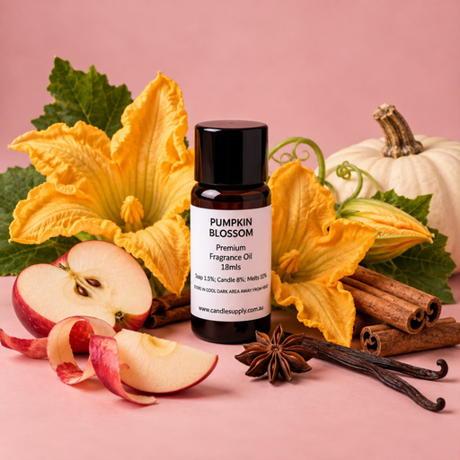 Pumpkin Blossom fragrance oil bottle with yellow pumpkin flowers, a white pumpkin, apple slices, cinnamon, star anise and vanilla pods.