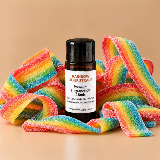 Rainbow Sour Straps fragrance oil bottle with curled, sugar-coated rainbow sour straps.