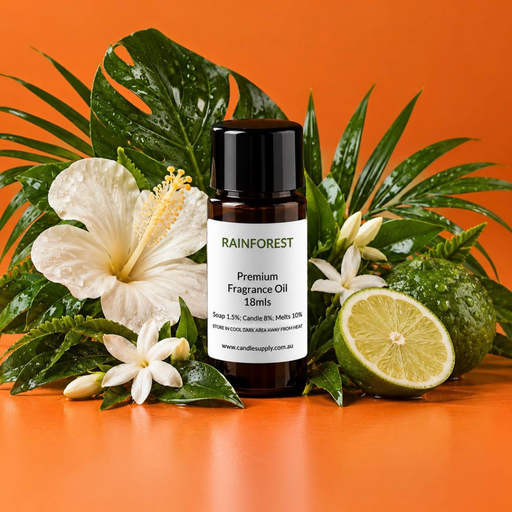 Rainforest fragrance oil bottle with tropical green leaves, a large white hibiscus, small white flowers and green citrus fruit.