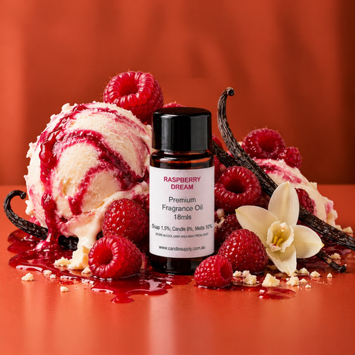 Raspberry Dream fragrance oil bottle with raspberry-swirled ice cream, fresh raspberries, vanilla pods and a white flower.