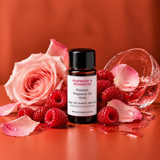Raspberry & Rosewater fragrance oil bottle with raspberries, a pink rose, rose petals and a tipped glass spilling pink liquid.