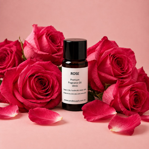 Rose fragrance oil bottle with deep pink roses and scattered rose petals on a pink background.