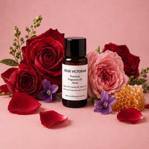 Rose Victorian fragrance oil bottle with red and pink roses, small purple flowers, honeycomb and scattered rose petals.