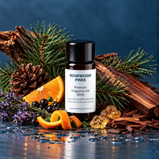 Rosewood Pines fragrance oil bottle with pine branches, a pine cone, rough wood, orange peel, lavender and dark berries on a wet surface.