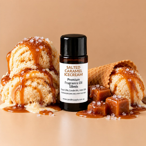Salted Caramel Icecream fragrance oil bottle with caramel-drizzled ice cream, a tipped waffle cone, caramel cubes and salt crystals.