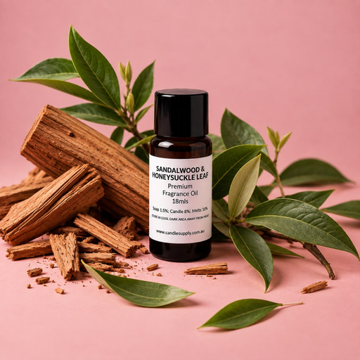 Sandalwood & Honeysuckle Leaf fragrance oil bottle with split wood, wood chips and leafy green branches.