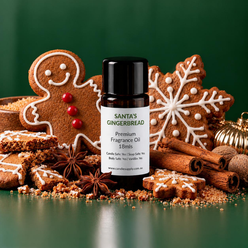 Santa's Gingerbread fragrance oil bottle with iced gingerbread biscuits, cinnamon sticks, star anise, nutmeg and gold ornaments.