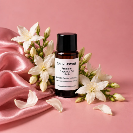 Satin Jasmine fragrance oil bottle with white jasmine flowers, unopened buds, scattered petals and draped pink satin.