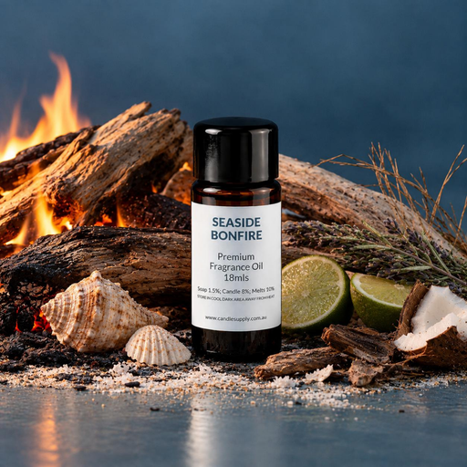 Seaside Bonfire fragrance oil bottle with burning logs, seashells, sand, coastal grasses, lime slices and a coconut piece.