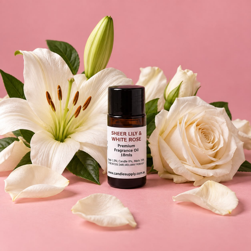 Sheer Lily & White Rose fragrance oil bottle with a large white lily, white roses, buds, leaves and scattered petals.
