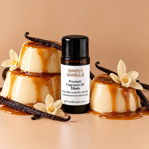Simply Vanilla fragrance oil bottle with caramel-topped vanilla custards, dark vanilla pods and white vanilla flowers.
