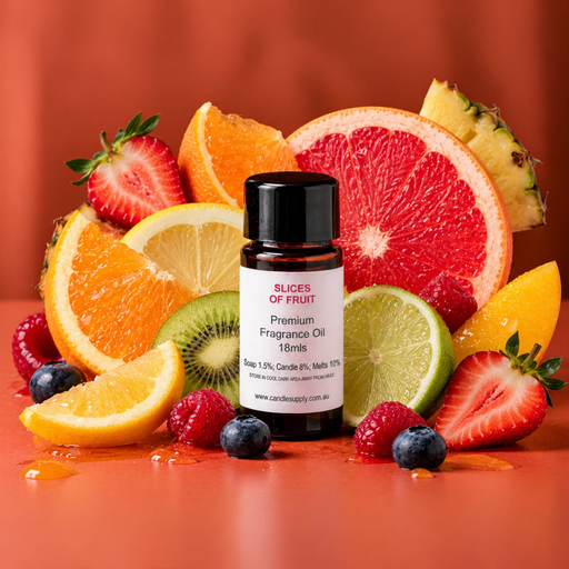 Slices of Fruit fragrance oil bottle with sliced citrus, kiwi, pineapple, strawberries, raspberries and blueberries.