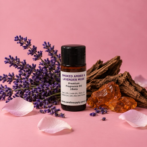 Smoked Amber & Lavender Musk fragrance oil bottle with purple lavender sprigs, rough wood, amber-coloured chunks and pale petals.