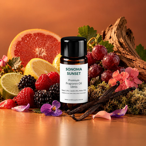 Sonoma Sunset fragrance oil bottle with citrus slices, red grapes, berries, colourful flowers, vanilla pods, wood and moss.