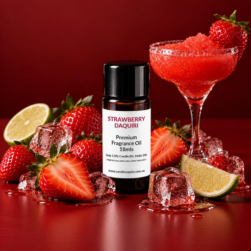 Strawberry Daiquiri fragrance oil bottle with a frozen red cocktail, whole and halved strawberries, lime wedges and ice cubes.